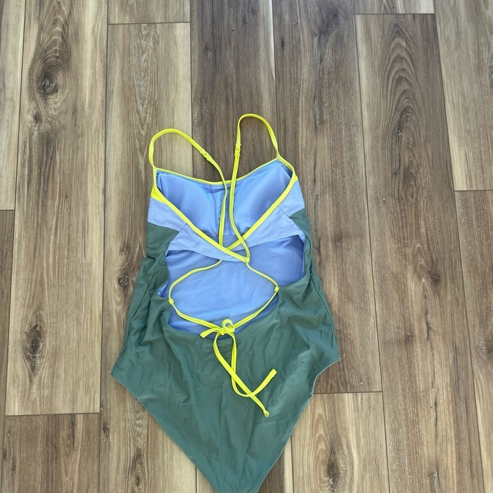 Prana Olive One-Piece Swimsuit with Yellow and Light Blue Bands - Picture 5 of 6